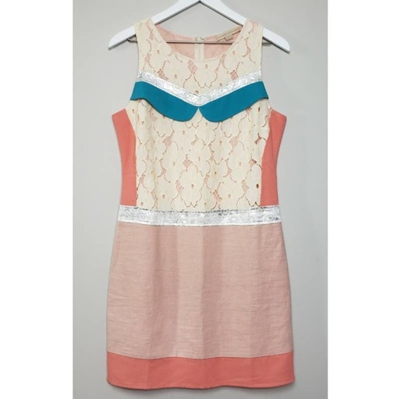 Flying Tomato Dresses & Skirts - Champagne & Strawberry Coral & Teal Lace Panel Shift Dress Size Large